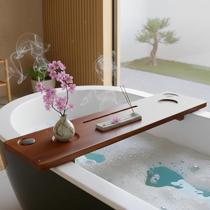 Grand Fjord | Teak Bathtub Tray for Large Soaking Tub | Extra Long 35” Luxury Bath Caddy for Freestanding Tubs | Minimalist Wooden Tub Tray with Candle Holders & Premium Towel by JapandiSpirit - Bloomnest