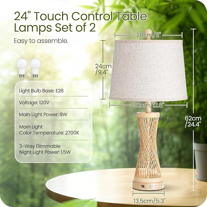 24.4” Farmhouse Rattan Table Lamps Set of 2, Touch Bedside Lamps for Bedroom with 3-Way Dimmable Night Light, USB A+C Charging Ports, Bamboo Boho Nightstand Lamp with Beige Linen Shade H04TL05 - Bloomnest