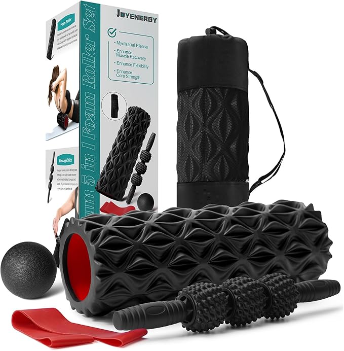 5 in 1 Foam Roller Set Trigger Point Foam Roller, Massage Roller Stick, Massage Ball, Stretching Strap for Deep Muscle Massage Pilates Yoga, Fitness Exercise for Whole Body (Black Diamond)