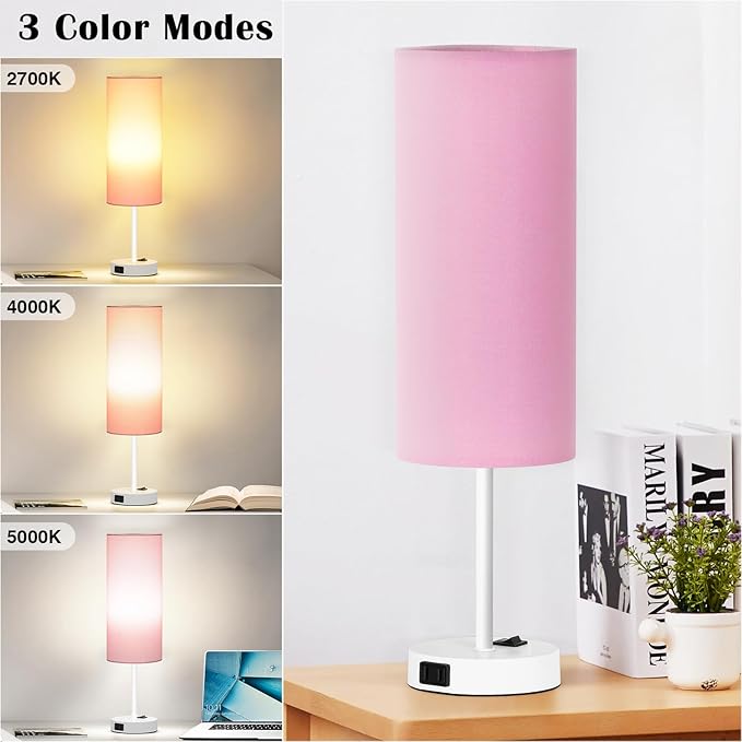 ZJOJO Table Lamp for Bedroom 2 Pack,18in Bedside Lamps with 3 Way Dimmable Rocker Switch & AC Outlet,Nightstand Desk Lamp with Pink Fabric Shade White Base for Living Room Home Decor Lights - Bloomnest