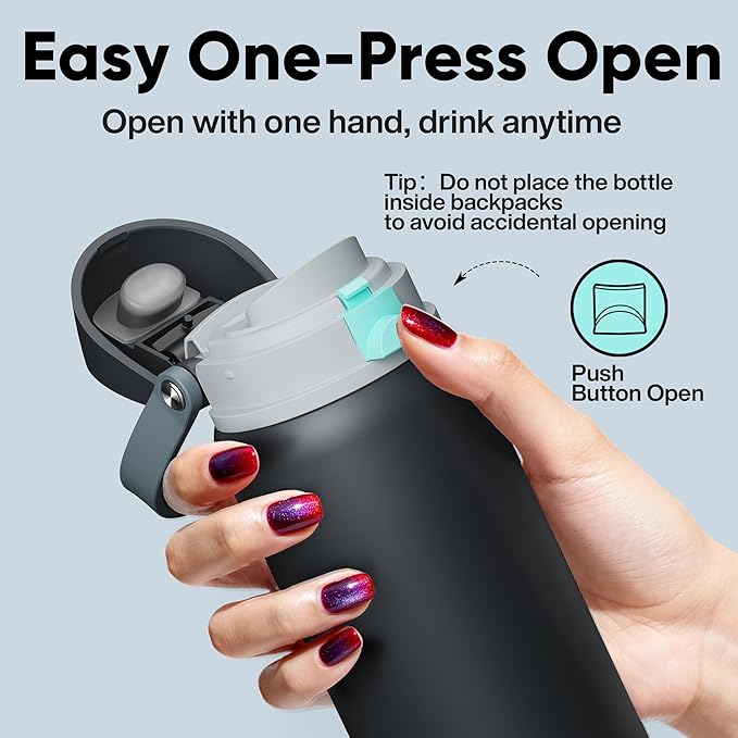 Insulated Water Bottle with Straw - Encool Stainless Steel Water Bottle with Push Button Lid, Leak-Proof & BPA-Free, Keeps Cold for 24 Hours for Sports, Travel, Gym (40 oz, Tuna Grey-Green) ENCOOL