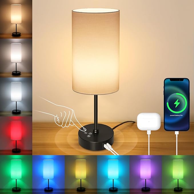 Unicozin 17Inch Table Lamp, 3 CCT 3000K/4500K/6500K & RGB Color Changing, Stepless Dimmable Bedside Lamp for Reading, Ambience Nightstand Light for Home Decor Party, White Shade - Bloomnest