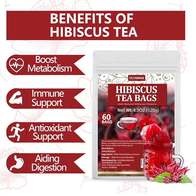 Premium Hibiscus Tea Bags,60 Tea Bags 2g /4.24 Oz,100% Pure Dried Hibiscus Flower,Natural & No Additives,Caffeine Free. - Bloomnest