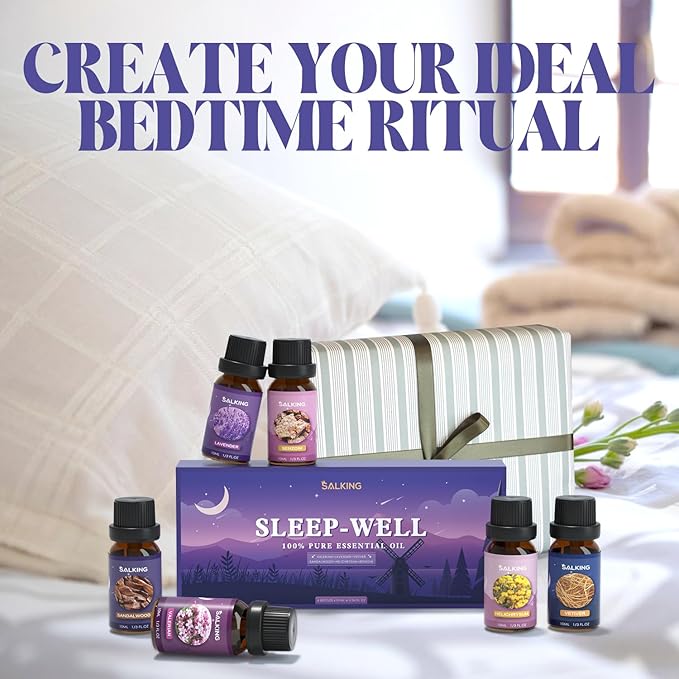 SALKING Sleep Essential Oils Set, Pure and Natural Essential Oils, Fragrance Oil Scented Oils for Oil Diffusers 6 x 10 ML - Lavender, Vetiver, Sandalwood, Valerian, Helichrysum, Benzoin… - Bloomnest