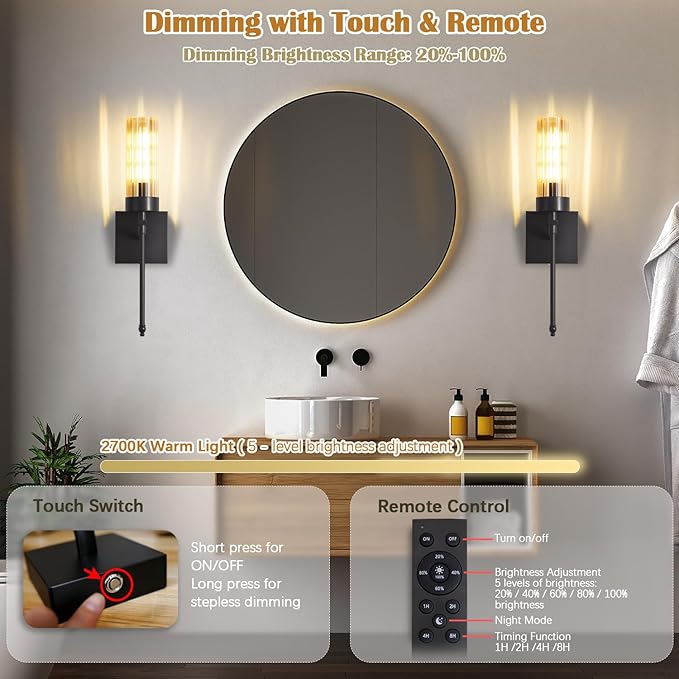 Battery Operated Wall Sconce Set of Two with Remote, Black Rechargeable Wireless Wall Lights, Sconces Wall Decor Set of 2 Dimmable 2700K Battery Powered Sconce for Bedroom Living Room Hallway - Bloomnest