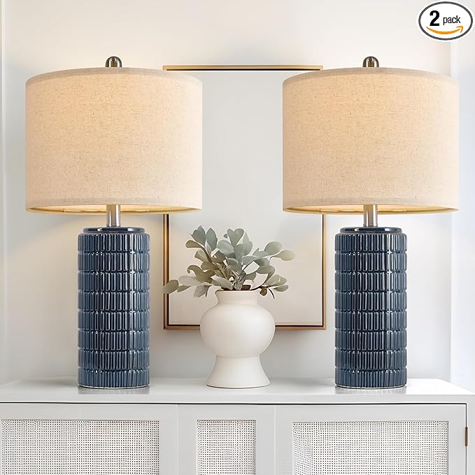 PoKat 23" Blue Table Lamps, Farmhouse Bedside Lamps for Bedroom Set of 2, Ceramic End Table Lamps for Living Room, Traditional Nightstand Desk Lamps, Medium - Bloomnest