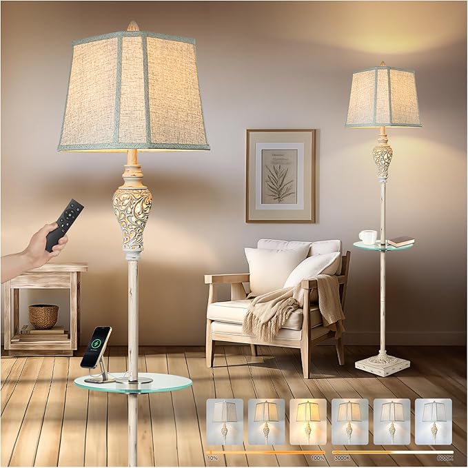 Rustic Floor Lamp, Living Room Lamps with Glass Tray, stepless diming Floor Lamp with Remote Control and USB A&C Charging Ports for Living Room Bedroom Office Smart Bulbs Included - Bloomnest