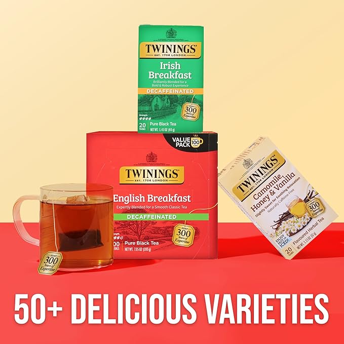 Twinings Decaffeinated English Breakfast Black Tea Individually Wrapped Bags, 100 Count (Pack of 1), Smooth, Flavourful Black Tea, Enjoy Hot or Iced, 100 Teabags - Bloomnest