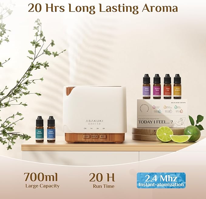 ASAKUKI Essential Oil Diffuser 700ml, Ultrasonic Aromatherapy Humidifier with Top 6 Essential Oils Set, 7 LED Colors, Timer & Auto-Off, Large Room Diffuser - Bloomnest