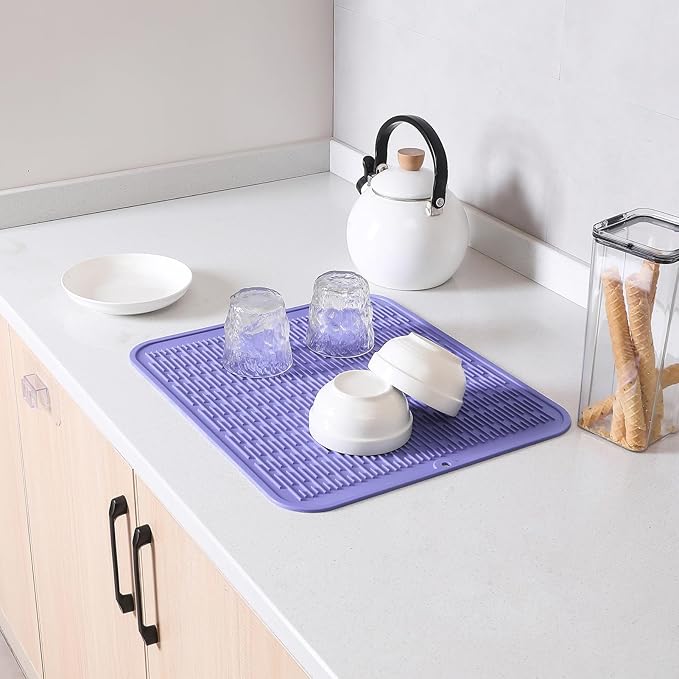 Silicone Dish Drying Mat for Multiple Usage,Easy clean,Eco-friendly,Heat-resistant Silicone Mat for Kitchen Counter or Sink,Refrigerator or Drawer Liner Light Purple XL 18 inches x 16 inches - Bloomnest