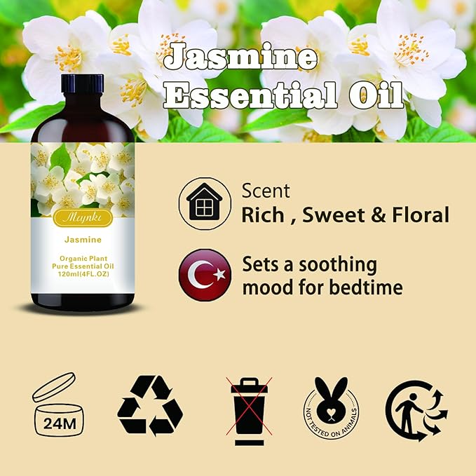 Jasmine Essential Oil-Jasmine Fragrance Oil 4.33oz (130ml)-100% Pure Natural Scent for Diffusers, Candles, Soap Making & Aromatherapy-Relaxing Home & Gift Essential Oil for Bath, Massage - Bloomnest