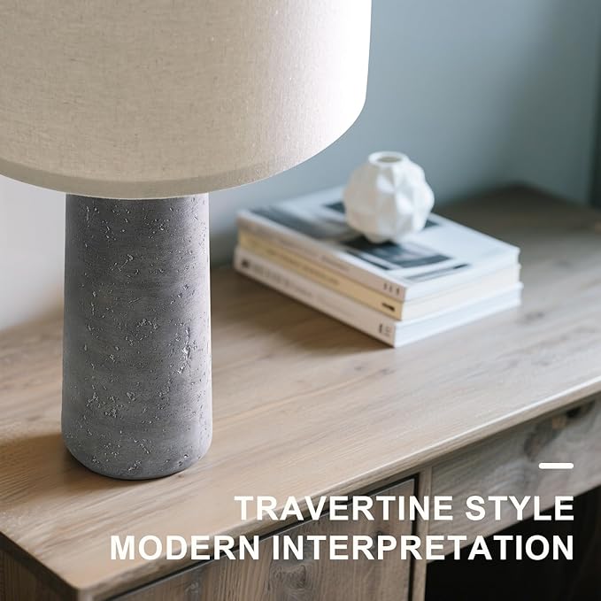 BOBOMOMO 27.25" Modern Table Lamp Set of 2, Gray Resin Lamp with Natural Stone Look, Travertine Lamps for Living Room with Linen Shades, Nightstand Lamp for Bedroom, Living Room, Entryway - Bloomnest