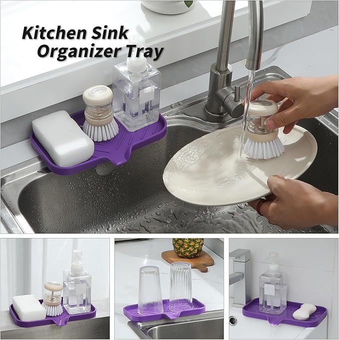 Silicone Bathroom Soap Dishes with Drain Spout-Bathroom and Kitchen Sink Organizer,Sponge Holder,Dish Soap Tray,Perfect for Dispenser,Scrubber,Bottle,Cup on Sink or Counter-Purple 9.6"×5.3" - Bloomnest