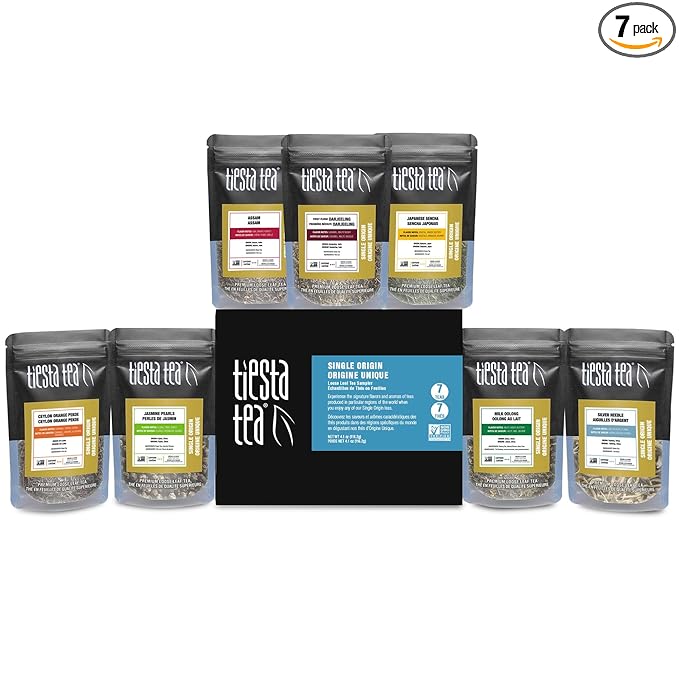 Tiesta Tea - Single Origin Tea Sampler Dry Flight Set, Loose Leaf, High to Low Caffeine, Makes Hot & Iced, Assorted Brew Sets with Green, White, Black & Oolong, 7 Resealable Sample Pouches - Bloomnest