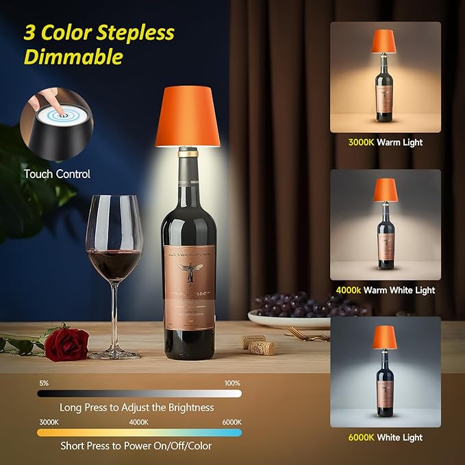 2025 New Wireless Bottle Lamp - LED Bottle Lights for Liquor & Wine Bottles, Cordless Lampshade, Whiskey Bottle Top Light, Bottle Stopper Night Light Kit, Rechargeable 3-Tone Touch-Dimmable - Bloomnest