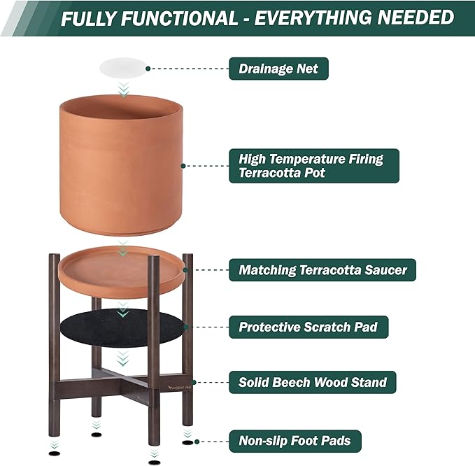D'vine Dev Terracotta Planter with Walnut Color Stand - 12 Inch Modern Round Flower Pot with Wood Planter Holder, Terracotta, 55-B-W-5 - Bloomnest