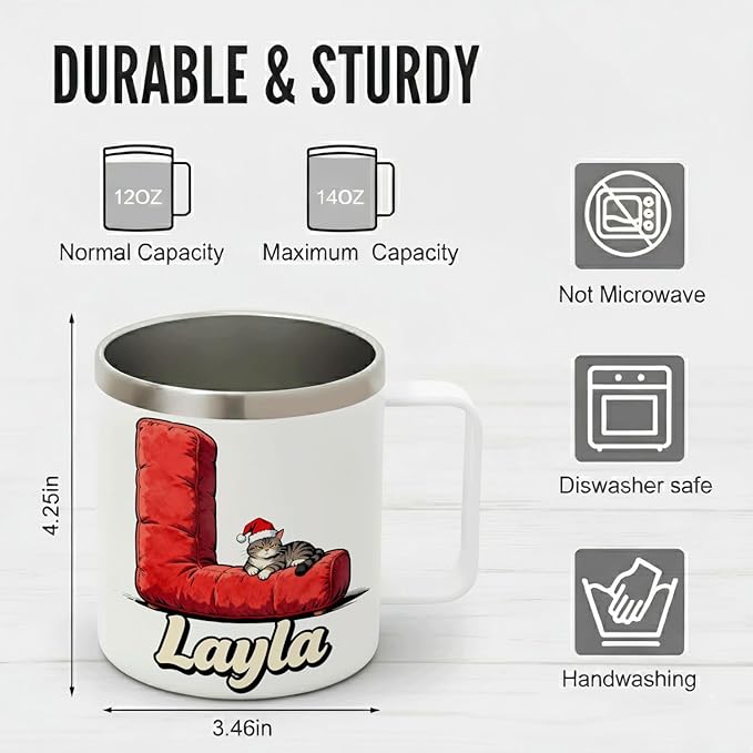 JugJug Personalized Christmas Cat Mug with Initial & Name - Funny Grumpy 12oz Insulated Coffee Cup with Lid - Xmas Gifts for Cat Lovers, Women, Girls (B179) - Bloomnest