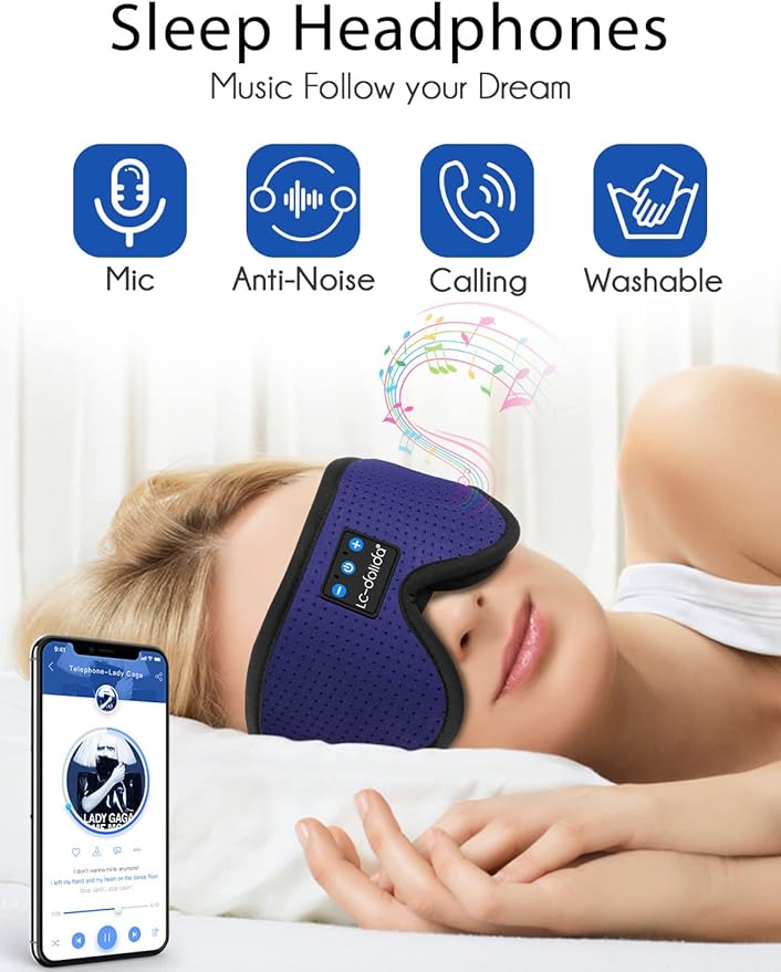 LC-dolida Sleep Headphones, Sleep Mask Bluetooth Wireless Music Eye Mask, Sleeping Headphones for Side Sleepers Sleep Mask with Bluetooth Headphones Ultra-Thin Stereo Speakers Perfect for Sleeping - Bloomnest