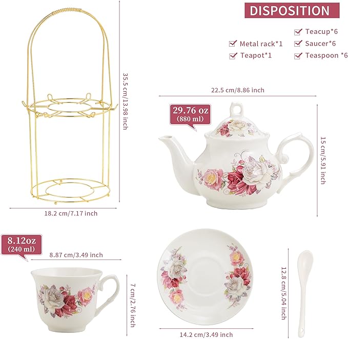20-Pieces Porcelain Bone china Tea Sets,Gold Rim Coffee Set with Golden Metal Rack,Tea Gift Sets for Home&Party(003) - Bloomnest