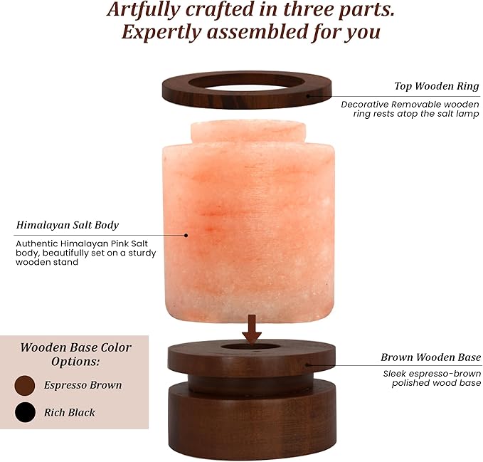 POHS Himalayan Pink Salt Round Lamp with Premium Brown Polished Wooden Base, 60'' Long Dimmer Switch Cord and Two Light Bulbs; Hand Crafted,for Home, Office and Gift for Christmas