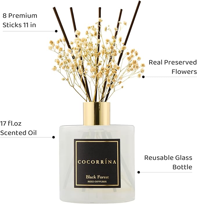 COCORRÍNA Reed Diffuser - Black Forest 17 Fl.oz Reed Diffuser with 8 Sticks Scented Diffuser with Preserved Flowers for Bathroom Home Decor - Bloomnest