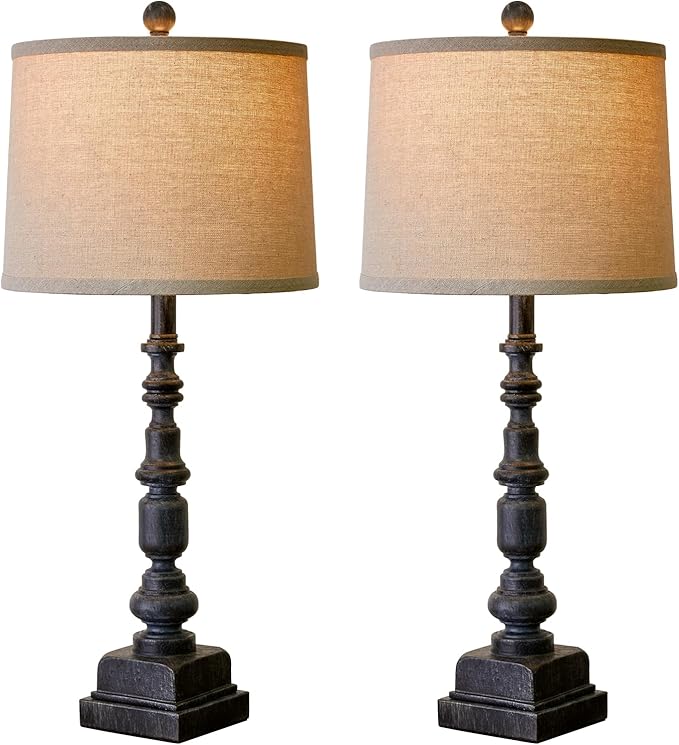 Oneach 27.75” Vintage Farmhouse USB A+C Table Lamps Set of 2 for Living Room Bedroom Traditional Bedside Nightstand Lamp Retro Resin Lamps Linen Shade Nightstand Home Office Antique Black Accent - Bloomnest