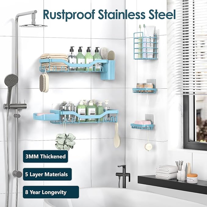 Shower Caddy Adhesive Shower Organizer 7-Pack, Rustproof Stainless Steel Bathroom Shelves, Large Capacity No-Drill Rack Storage Accessories with Soap Dish Toothbrush Holder Hooks - Bloomnest
