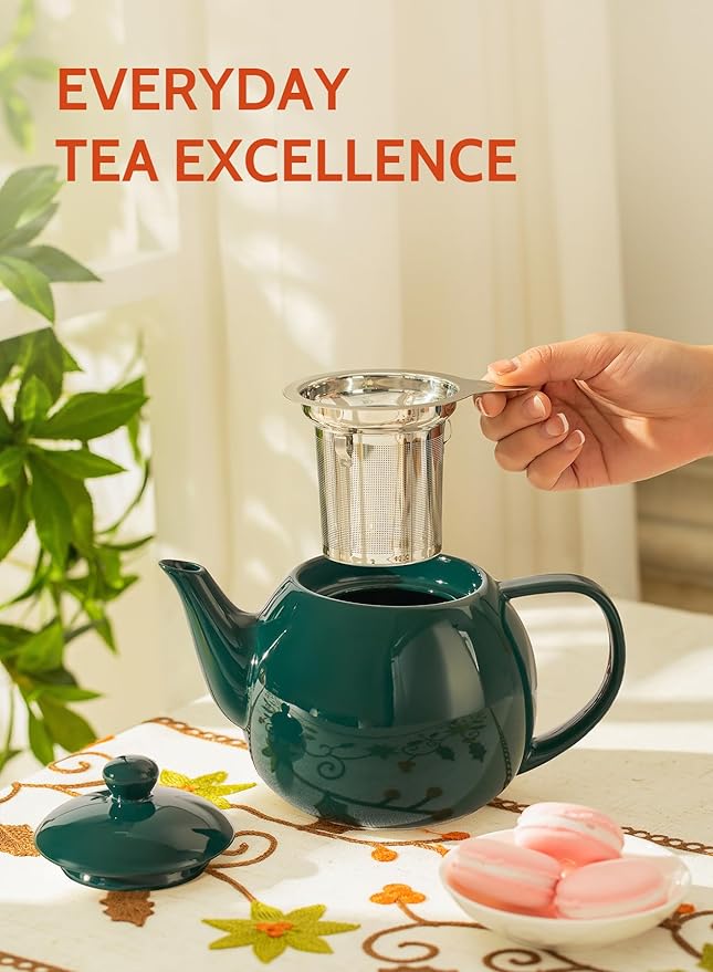 Sweese Teapots for Tea, 27 oz Porcelain Tea pot with Removable Stainless Steel Infuser, Tea Pots for Loose Tea - Dark Green - Bloomnest