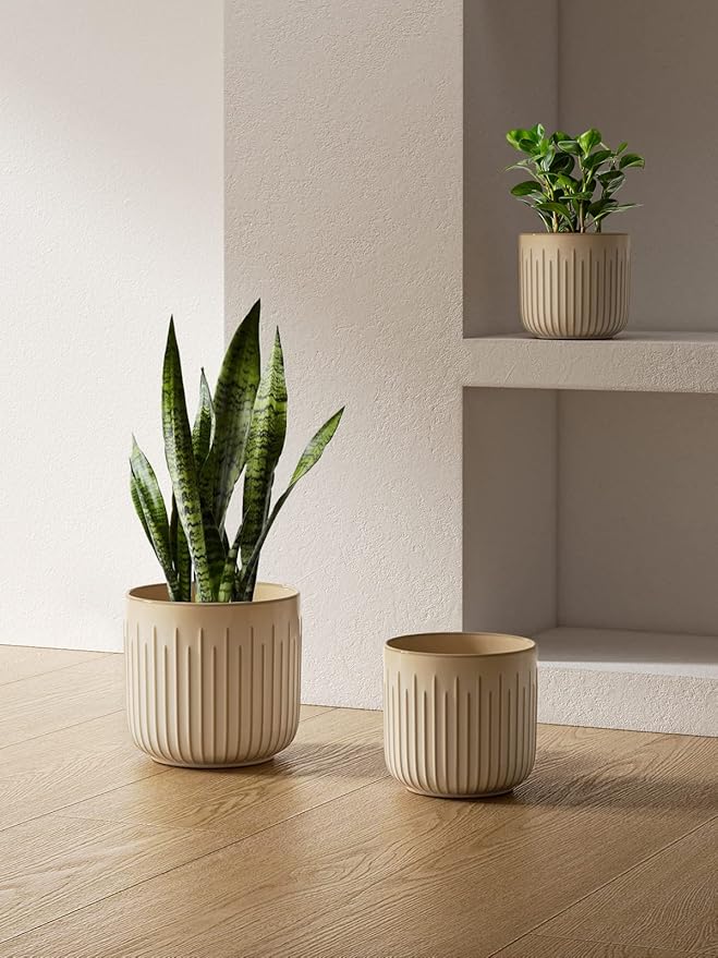 LE TAUCI Fluted Ceramic Planters Set of 3 – 8.3/7 / 5.7 in Cloud Cream Reactive Cylinder Indoor Plant Pots with Drainage Plug & Mesh, Glossy Stoneware Flower Pots for Succulents Herbs - Bloomnest