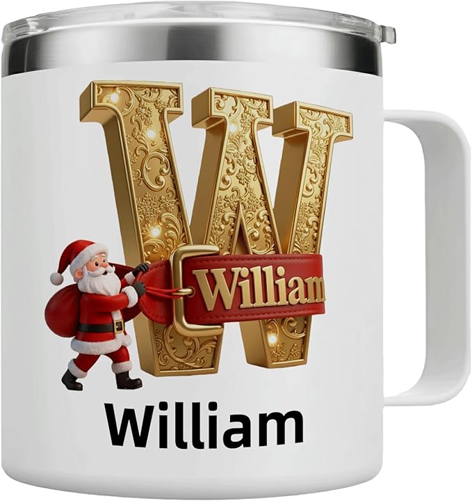 Personalized Christmas Mug | Custom Elegant Gold Initial Insulated Coffee Cup with Handle & Lid | 12oz Holiday Tumbler, Unique Santa Gift for Women & Family (B32) - Bloomnest