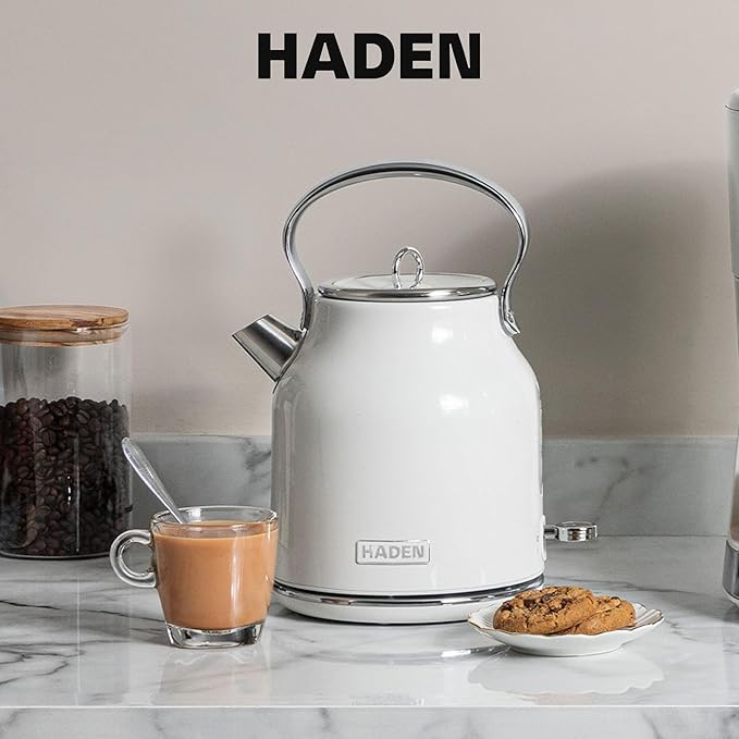 Haden Heritage 1.7 Liter Stainless Steel Electric Kettle, Hot Water Kettle with 360-Degree Base and Auto Shutoff, Ivory & Chrome - Bloomnest