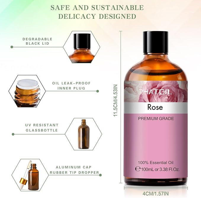 PHATOIL 3.38FL.OZ Rose Essential Oil with Glass Dropper, for Aromatherapy Diffusers, Humidifiers, Great for DIY Candle and Soap Making, Huge 100ML Bottle - Bloomnest