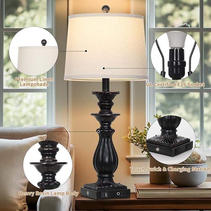 28" Farmhouse Table Lamps Set of 2 for Living Room, 3 Way Dimmable Bedside Lamp with USB C+A Ports & AC Outlet, Resin Vintage Tall Nightstand Lamps for Bedroom Office Hallway, Black - Bloomnest