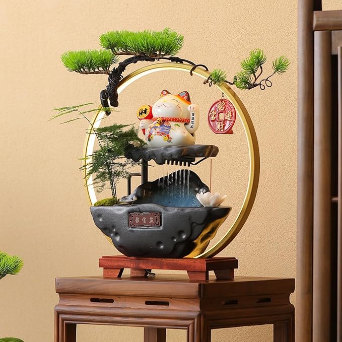 Desk Waterfall Fountain Indoor with Chinese Ceramic Lucky Cat Waving Arm Figurine,Tabletop Mini Water Fountain Decoration with Mist，Adjustable LED Light Ring and Backflow Incense Burner Holder - Bloomnest