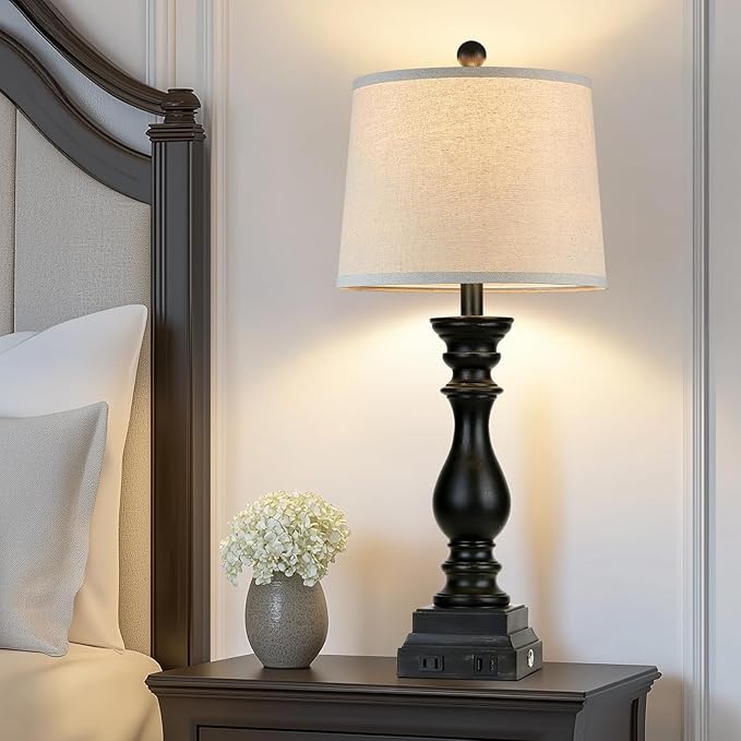 28" Farmhouse Table Lamps Set of 2 with USB C+A Ports and AC Outlet, 3 Way Touch Tall Vintage Bedside Lamp for Living Room, Black Rustic Nightstand Lamp for Bedroom Office - Bloomnest