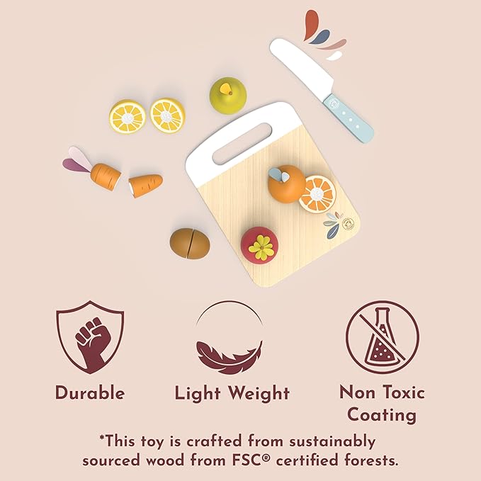 SPEEDY MONKEY Wooden Play Food Set for Toddler – Fruits & Vegetables Cutting Playset, FSC Certified Pretend Food Toy for Kids, Role Play Kitchen Set with Safe Cutting Board & Knife - Bloomnest