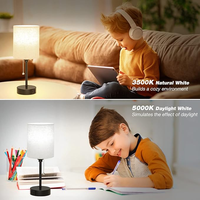 Small Bedside Lamps 3 Color Modes - Off White 3000K 4000K 5000K Bedroom Lamps with USB C and A Ports, Pull Chain Table Lamps with AC Outlet, Nightstand Lamps with Black Metal Base for Kids Reading - Bloomnest