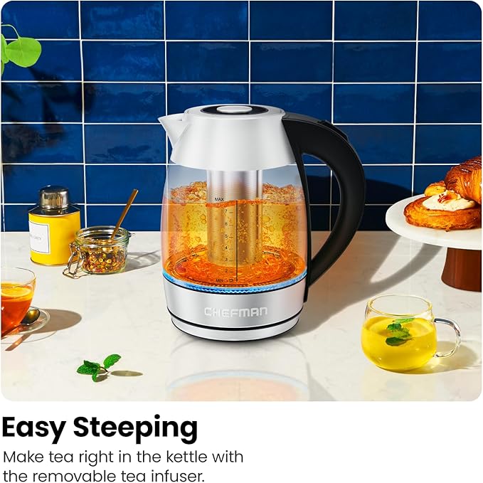 Chefman Electric Kettle for Boiling Water, 1.8L 1500W, Removable Tea Infuser, Auto Shut Off, Boil-Dry Protection, BPA Free, Borosilicate Glass, Hot Water Boiler, Electric Tea Kettle - Stainless Steel - Bloomnest