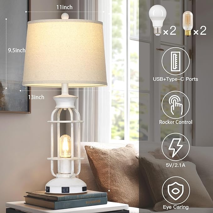 28" Vintage Table Lamps with USB C+A Ports & Outlet, Industrial Farmhouse Table Lamp for Living Room, Rustic Mid Century Modern Bedside Lamps with Nightlight & Beige Fabric Lampshade, Oil-Rubbed White - Bloomnest