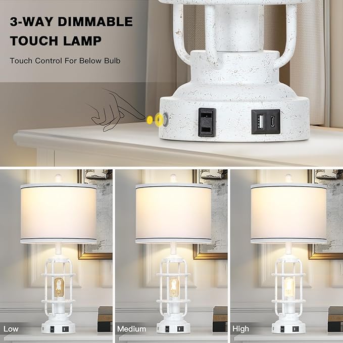 Farmhouse Industrial Lamps with USB A+C Charging Ports & AC Outlet, 3 Way Dimmable Touch Control Vintage Rustic Table lamps for Living Room, White Retro Beside Nightstand Metal Modern Lamp for Bedroom - Bloomnest