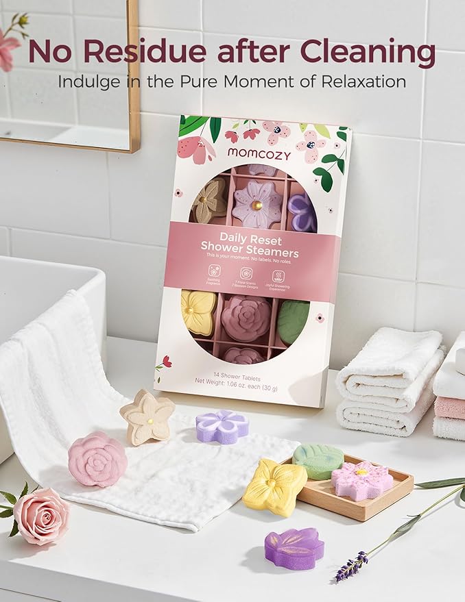 Momcozy Shower Steamers 14 Pack-7 Unique Shapes & Floral Scents, Long Lasting Fragrance, Gentle Formula, Perfect Travel & Gift Idea for Home Spa Relaxation - Bloomnest