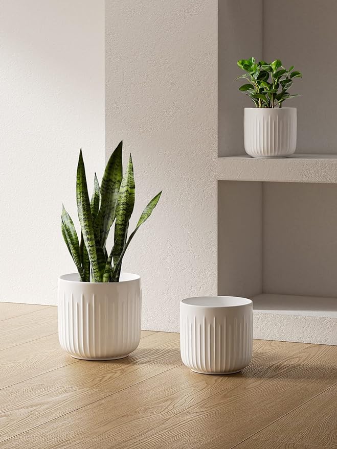 LE TAUCI Fluted Ceramic Planters Set of 3 – 8.3/7 / 5.7 in White Cylinder Indoor Plant Pots with Drainage Plug & Mesh, Matte Glazed Stoneware Flower Pots for Succulent Herb Cactus - Bloomnest