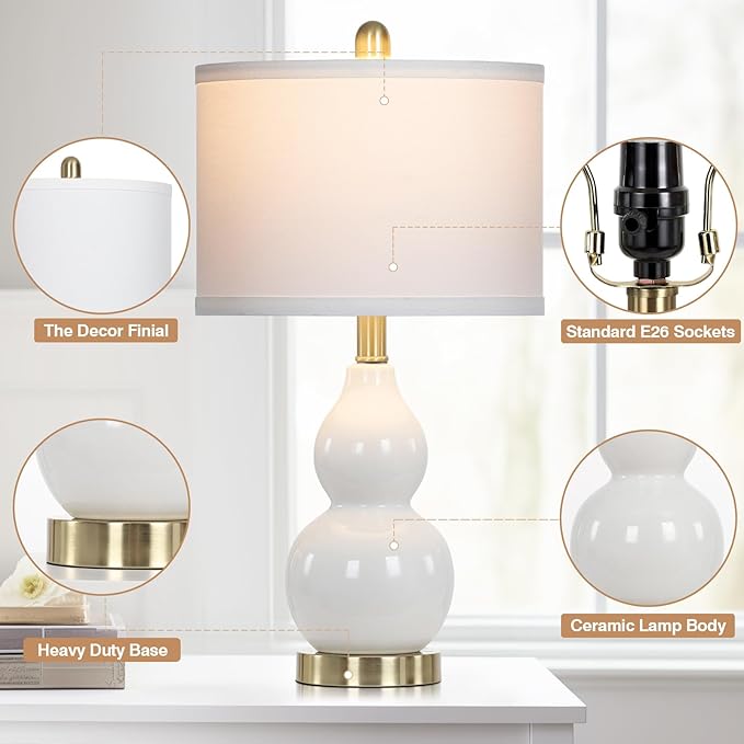 Double Gourd Ceramic Table Lamps Set of 2, Modern White Bedside Lamps for Night Stand, Contemporary Nightstand Lamps for Bedroom Living Room (Bulb Included) - Bloomnest