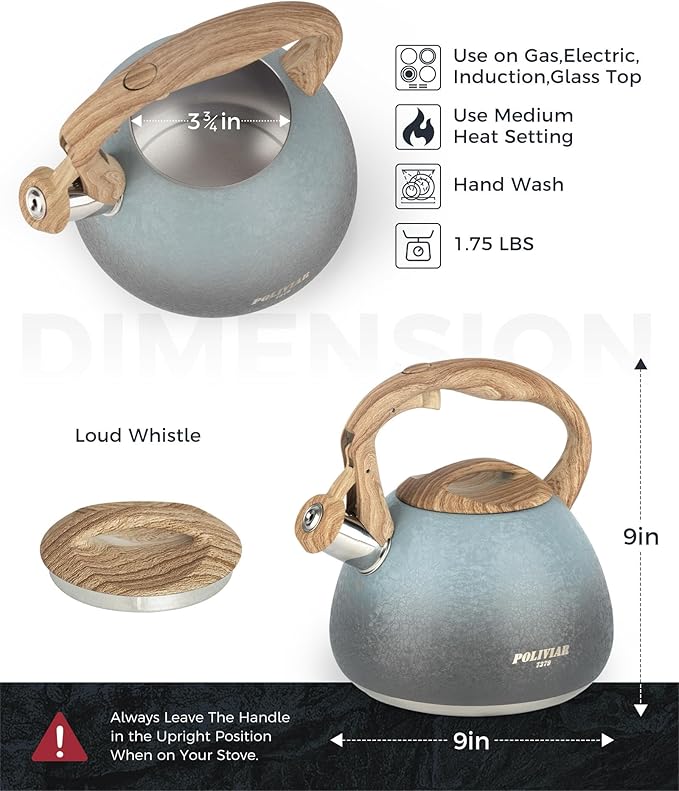 POLIVIAR Tea Kettle, 2.7 Quart Stovetop Tea Kettle, Audible Whistling Teapot with Crackle Finish, Food Grade Stainless Steel for Anti-Rust, Anti Hot Handle, Suitable for All Heat Sources (JX2023-LYL) - Bloomnest