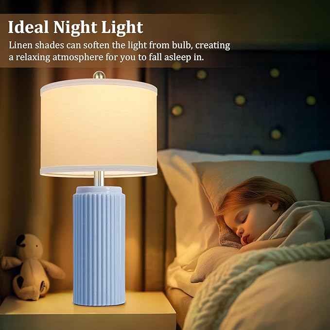 23.5’’ Sky Blue Farmhouse Table Lamps for Living Room Set of 2, Modern Elegant Ceramic Bedside Nightstand Lamps with White Linen Shade for Bedroom, Coastal Lamps Set for Study Home Office - Bloomnest