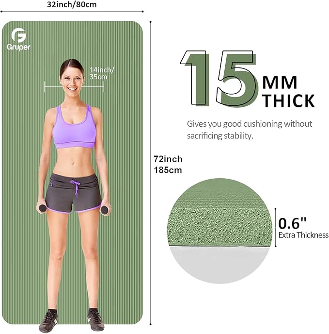 Yoga Mat Non Slip NBR Thick Yoga Mat, 72"L x 32"/24"W x 0.6"/0.4"TH (185cm x 80cm/61cm x 15mm/10mm), Anti-Tear Exercise Mat with Carrying Strap and Bag, Workout Mats for Yoga, Pilates, Floor Exercises - Bloomnest