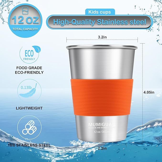 Stainless Steel Cups for Kids with Silicone Sleeves 12oz/350ml (4 Pack), Stainless Steel Tumbler, Kids Cups, Camping Stainless Steel Cups, Stackable Durable Metal Drinking Glasses, BPA Free - Bloomnest