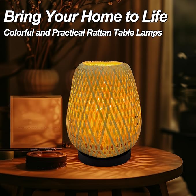 Boho Woven Nightstand Table Lamp - Rattan 3 Color Temperature Handmade Rattan Bamboo Lamp for Bedroom, Living Room - Bloomnest