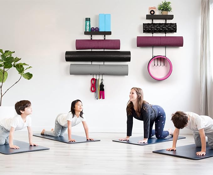 Bikoney Yoga Mat Holder Wall Mount Yoga Mat Storage Home Gym Accessories with Wood Floating Shelves and 4 Hooks for Hanging Foam Roller and Resistance Bands at Fitness Class or Home Gym Vintage Black