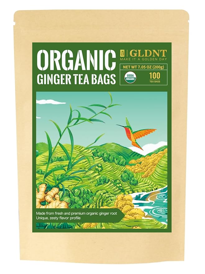 GLDNT Organic Ginger Tea Bags, Natural Organic Ginger Root Tea, Spicy & Zesty Flavor, Caffeine Free, 100 Count - Bloomnest